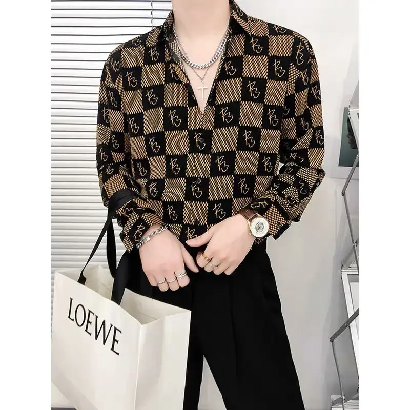 Long sleeve plaid shirt men's spring and autumn non-iron retro fashion brand shirt loose top