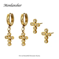 monlansher cute zircon cross drop earrings gold color stainless steel metal earrings for women exquisite tiny earrings jewelry