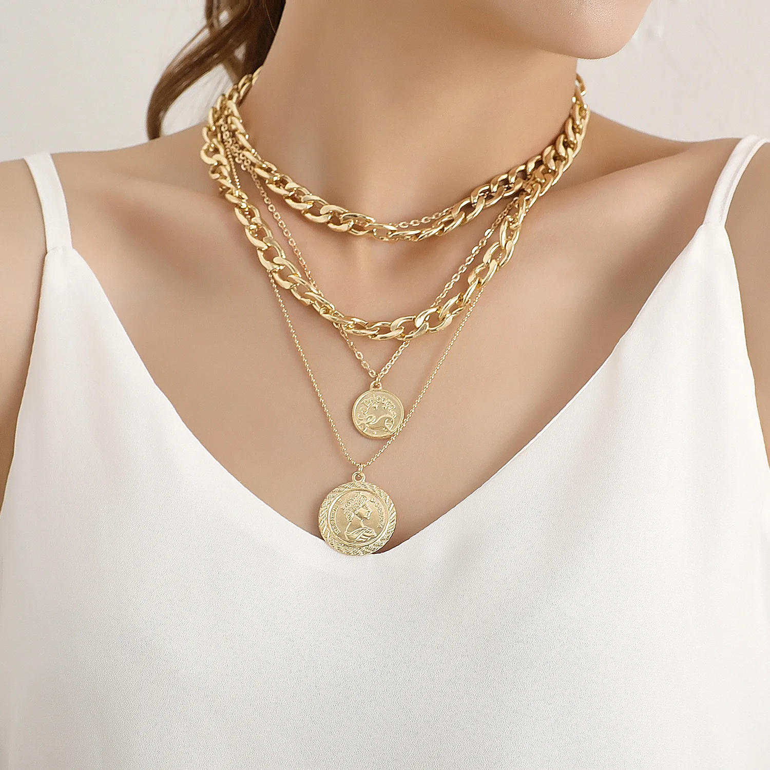 

Women Jewelry Set Chains Pendant Fashion Hiphop Rock Metal Coin Multi-layer Round Card Temperament Handmade Popular