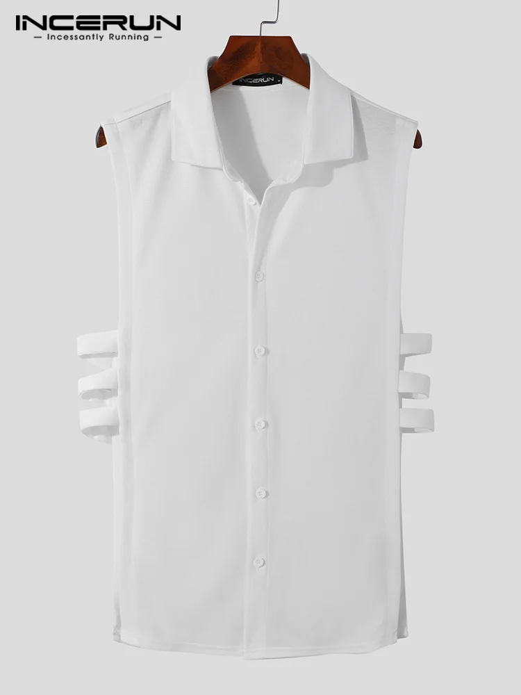 Handsome Well Fitting Tops Men's Side Cutout Connection Blouse Stylish Male Hot Sale Solid Sleeveless Shirts S-5XL INCERUN 2022