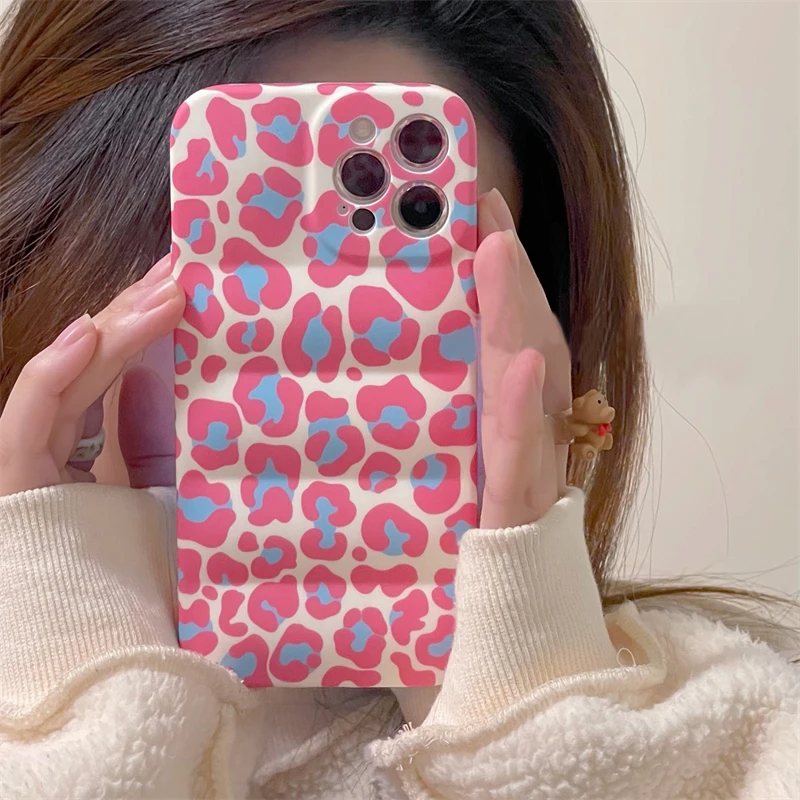 

Silicone Soft Pink Leopard Down Jacket Puffered Phone Case For iPhone 13 12 11 Pro Max 7 8 Plus X XR XS Max Case Liquid Cover