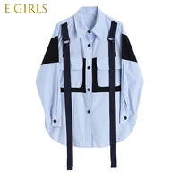 e girls streetwear striped shirt women long sleeve ribbon cargo blouse tops plus size pockets patchwork blouses blouses femme