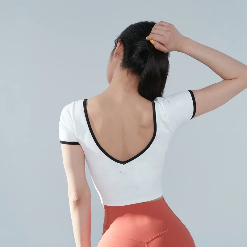 XEXYMIX Yoga Top Women Quick Dry High Elasticity Large Open Back Contrast Sports Fitness T-shirt Pilates Dance Training Clothes