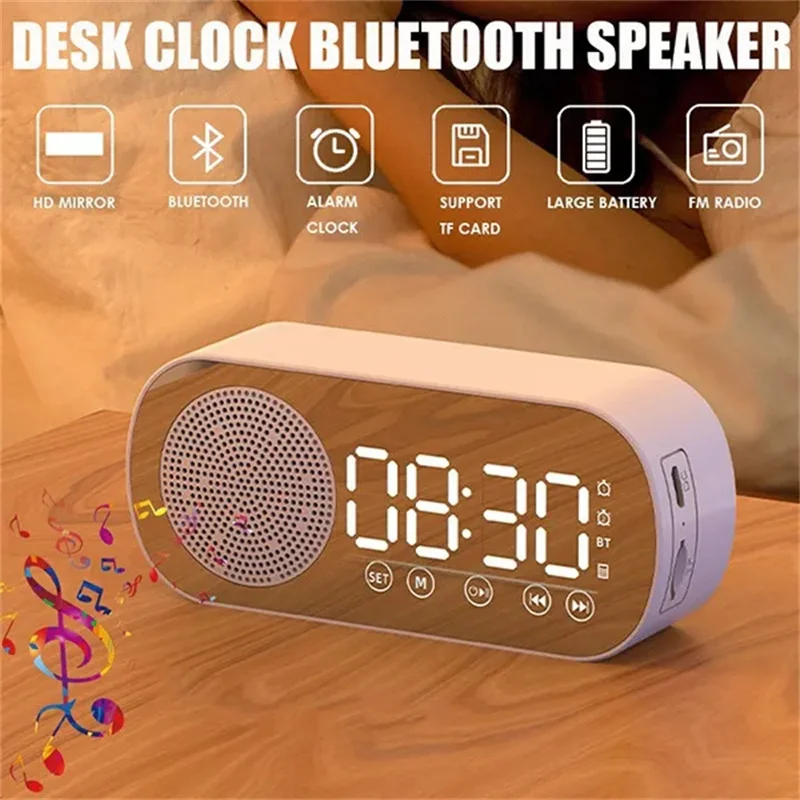 

New Desk Lntelligent Clock Bluetooth Speaker FM Radio Alarm Clock Audio HD Mirror Screen Support TF Card For Bedroom Clocks