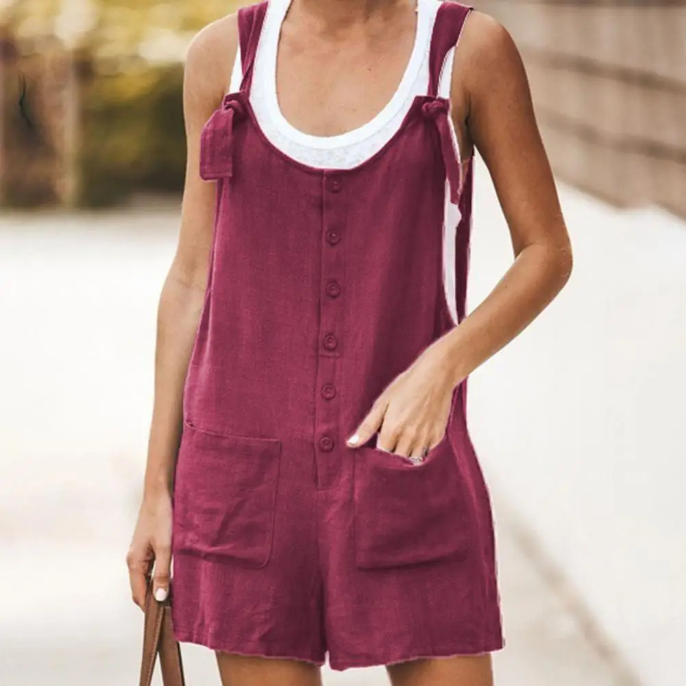 

Женский комбинезон на пуговицах с карманами и U-образным вырезом, полукомбинезон со средней талией, короткие брюки для отдыха