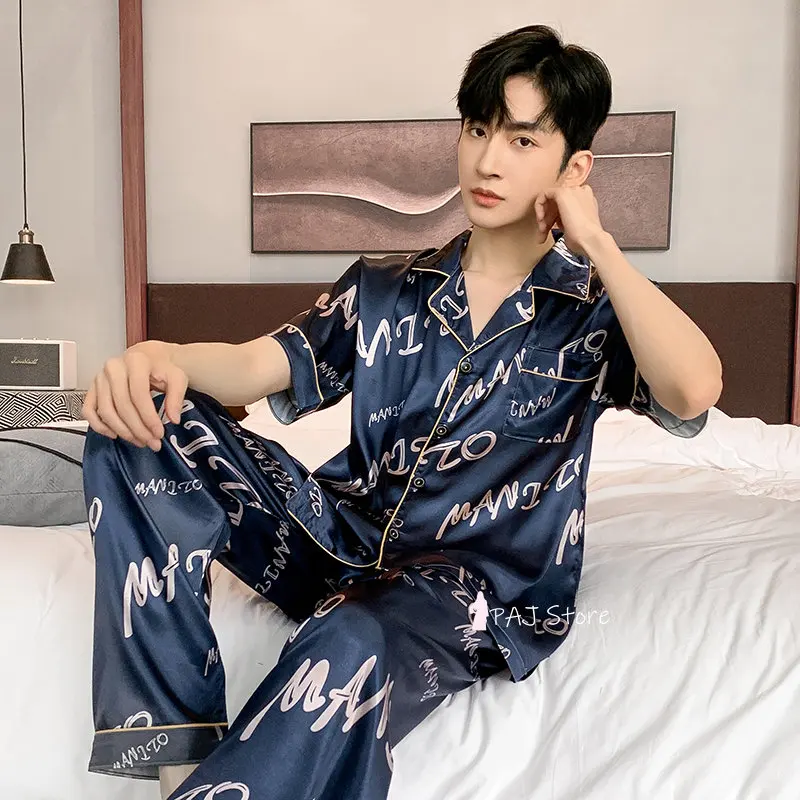 Men Sleepwear Silk Satin Pijama Set Pajama Sets Short Sleeve Sleep Home Clothes Man 2 Pieces Sets Home Suits Pyjamas L-5XL