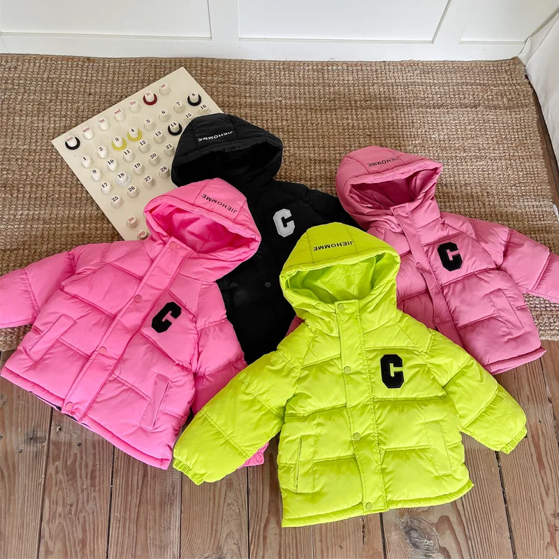 

Winter Boys Girls Parkas Children Plus Cotton Warm Coats Baby Fashion Hooded Coats Kids Cute Outdoor Clothes Solid Color Outwear