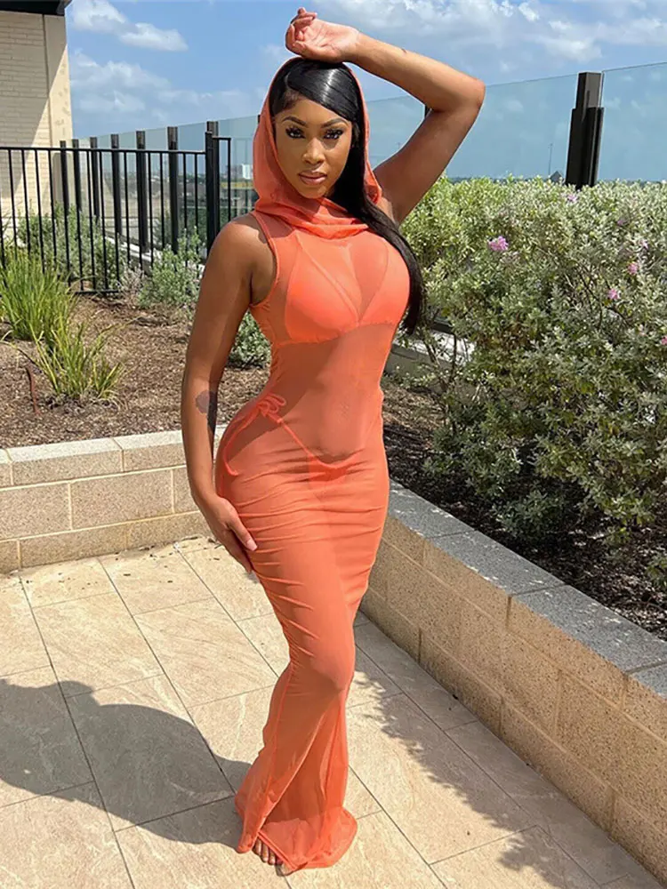 

GACVGA Sexy Hooded Long Bodycon Dress Mesh See Through Maxi Dresses Women Casual Summer Beach Cover Up 2023 Holiday Y2K Clothes