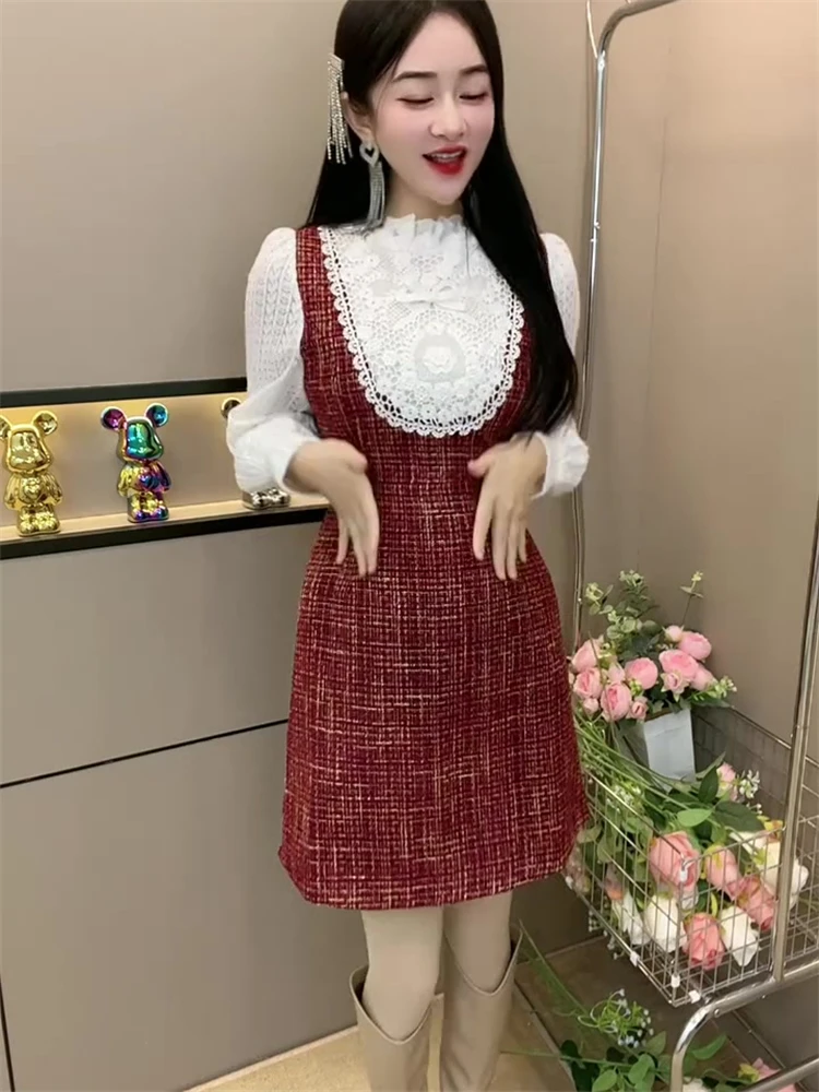 The Same Model as Online Celebri Fashion Western Sle Graceful Dress Women Winter Lace Stitching Design Waist Hugging Slim... |