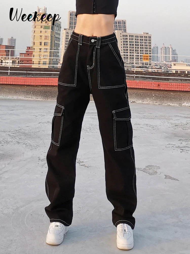 Weekeep Taschen Patchwork Baggy Jeans Mode Streetwear 100% Baumwolle Frauen Denim Hosen Lose Cargo Hosen Koreanische Jeans Harajuku