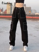 weekeep pockets patchwork baggy jeans fashion streetwear 100 cotton women denim trouser loose cargo pants korean jeans harajuku