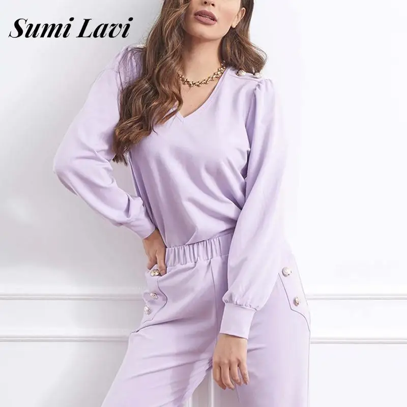 

Fashion Solid Work Pants 2pc Set Casual V Neck Long Sleeve Shoulder Buckle Tops And Pants Set High Waist Pocket Pencil Pants Set