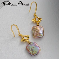 black angel natural freshwater pearl drop earrings for women fine jewelry plated gold petal zircon long earrings new trendy gift