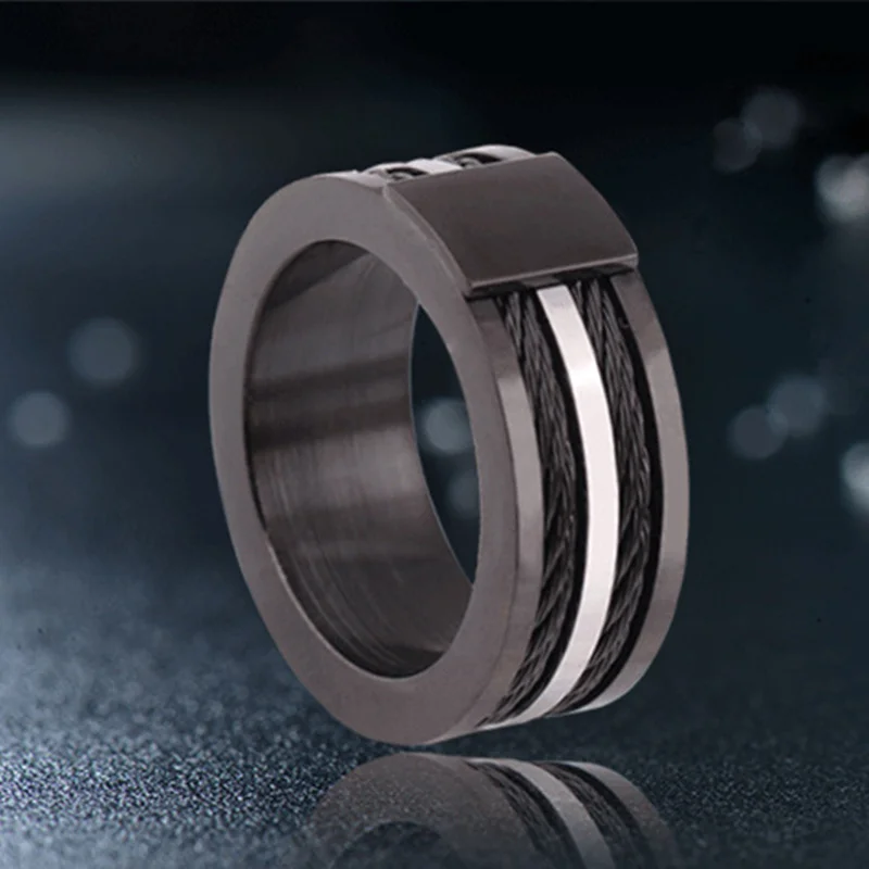 

YW GAIRU Stainless Steel Black Double Row Cable Rope Men's Ring Elegant Personalized Titanium Jewelry Decorations For Teens
