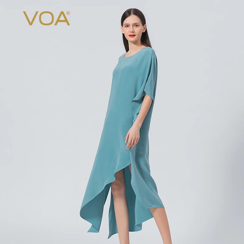 

VOA Casual Batwing Sleeve O-Neck Oversized 4XL Woman Silk Dress Elegant Asymmetrical Hem Dresses Summer 2022 Chic Holiday AE1108
