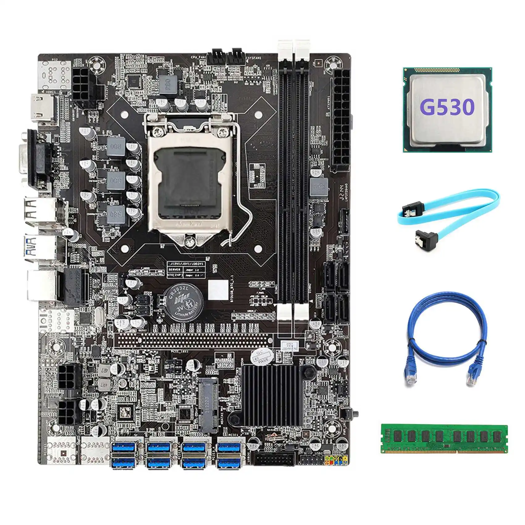

B75 BTC Mining Motherboard LGA1155 8XPCIE USB3.0 with G530 CPU+DDR3 4GB 1333Mhz RAM+SATA Cable+RJ45 Network Cable