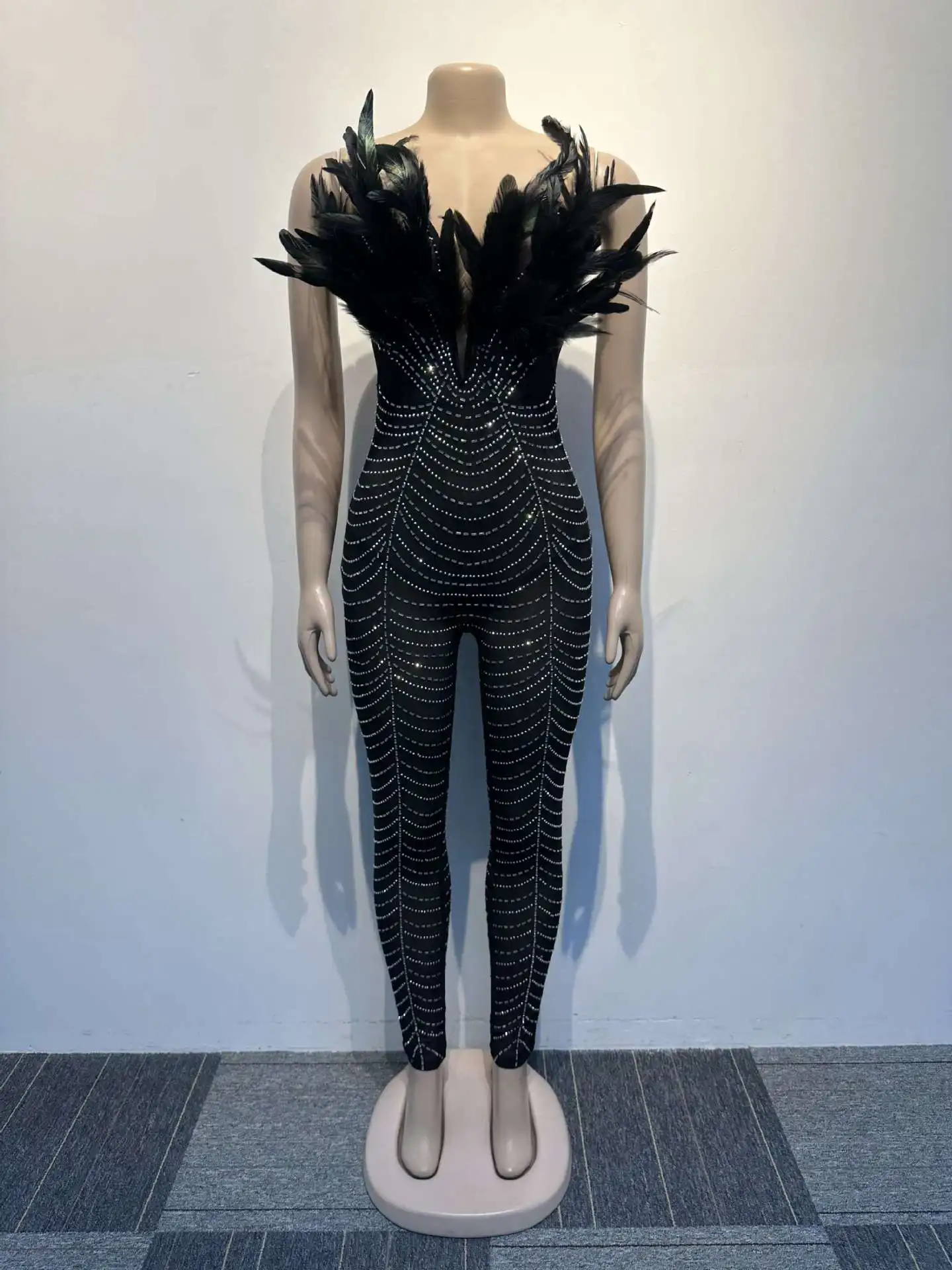 Plus Size Rhinestone Party Jumpsuit Feather Mesh One Piece Cloth Female Pencil Pants 2023 Summer Women Fashion Elegant Jumpsuits
