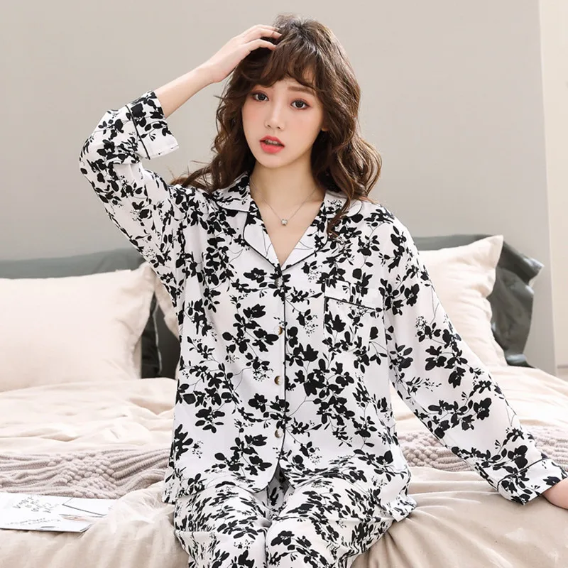 Flower Autumn Pajamas Set Sexy Sleepwear Women Full Sleeve Pyjama Women's Rayon Polyester Fashion Homewear Mom Clothes Set