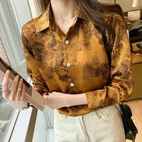 satin chiffon shirt for women spring autumn vintage printing blouses long sleeved turn down collar korean tops blusas mujer