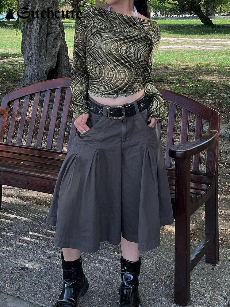 

SUCHCUTE Grunge Solid Women Midi Skirts Vintage Low Waist Folds Hakama Hip Hop Streetwear Harajuku Pocket Up Baggy Culottes 2022