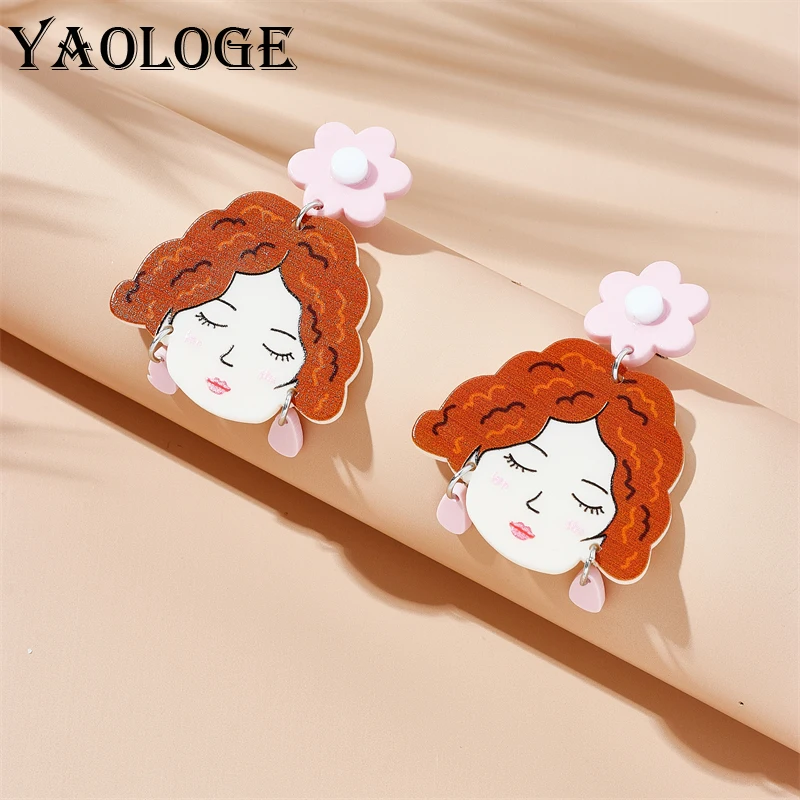 

YAOLOGE Cartoon Cute Little Girl Portrait Figure Dangle Earrings For Women Lady Fashion New Acrylic Jewelry Female Gift Party