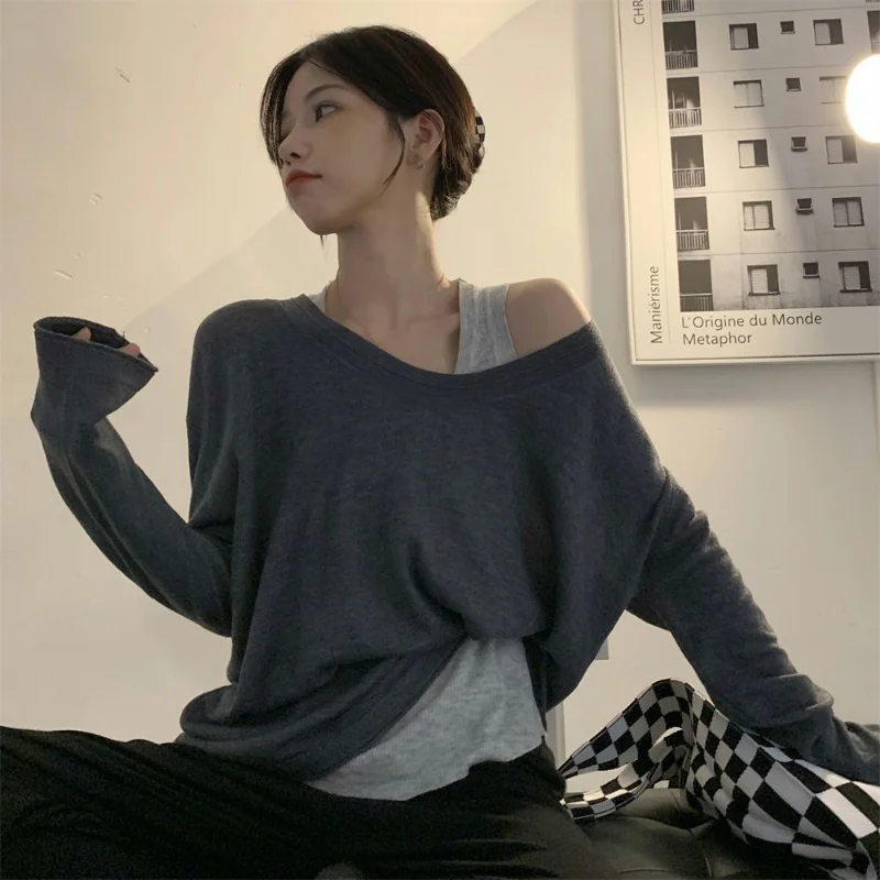 

Deeptown Women T-shirts Casual Solid Korean Streetwear Y2k Oversized Long Sleeve T Shirt Female Sexy Off Shoulder Tops Loose Set