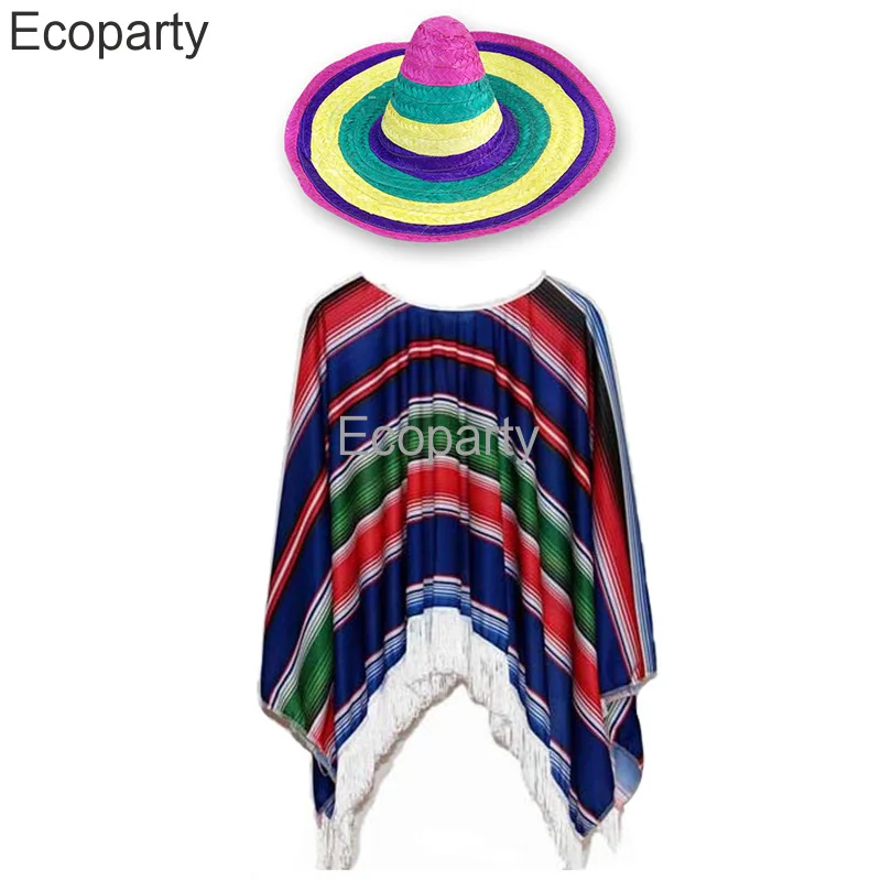 New Mexican Poncho Wild West Cowboy Costume For Men Women Carnival Party Bandit Outfits Blanket Adult Mexico Hippie Wear Cloak images - 6