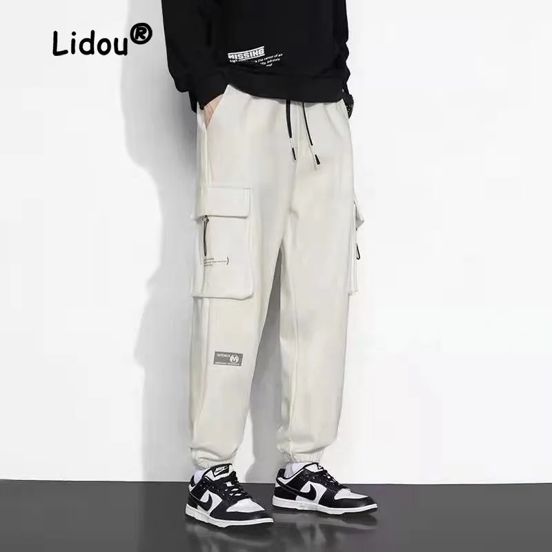 Spring Autumn Fashion Chaopai Multiple Pockets Cargo Pants New Loose Korean Casual All-match Printing Letter Male Trousers 2023