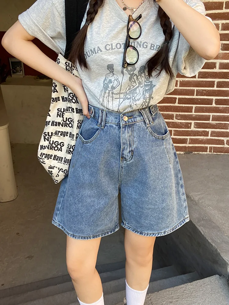 New Spring Summer Women High Waist Button Blue Denim Shorts Streetwear Female Wide Leg Retro Jeans Shorts Bottoms