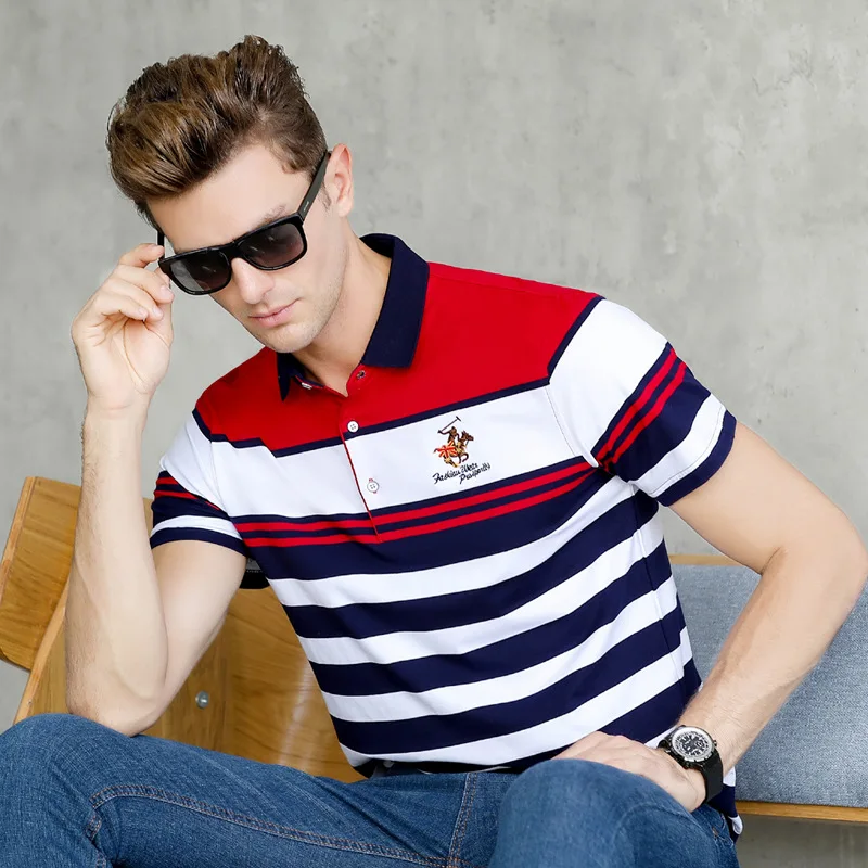 

Мужская хлопковая футболка-поло Smmer в полоску, с коротким рукавом