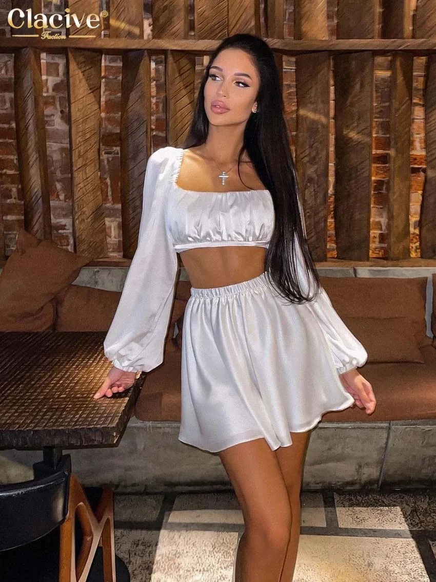 Clacive Sexy Long Sleeve Crop Top Set Woman 2 Pieces Summer Bodycon High Waist Mini Skirts Set Elegant White Suits With Skirt