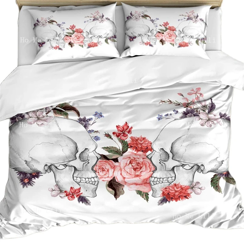 

Gothic Duvet Cover Roses And Skull Feast Of All Saints Traditional Design Print Decorative Bedding Set With Pillow Shams