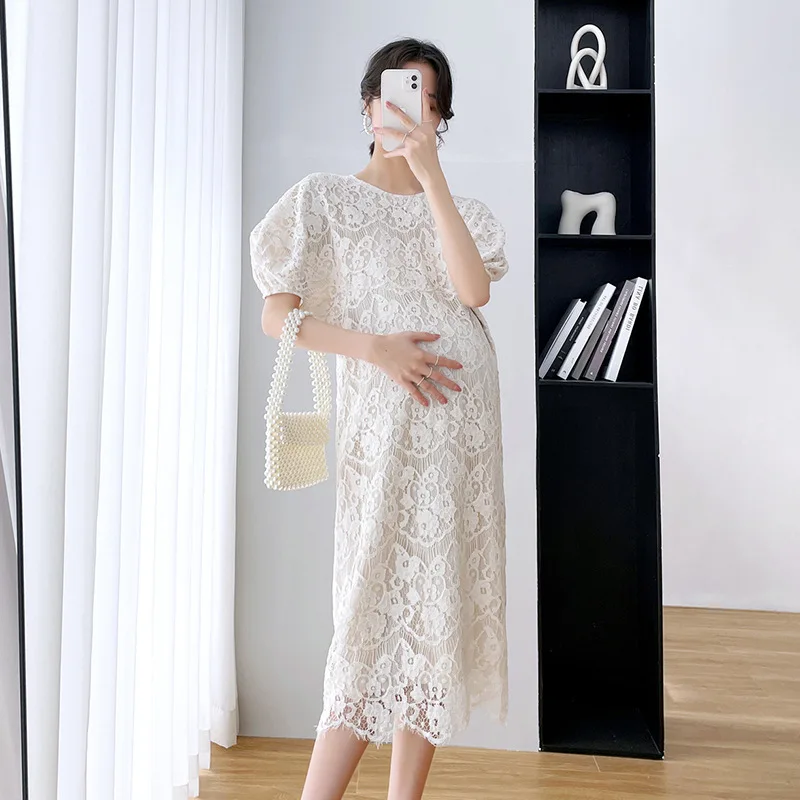 

CARECODE White Elegant Maternity Lace Long Dress Pregnant Women Summer Fashion Plus Size Casual Loose Dress Pregnancy Clothes