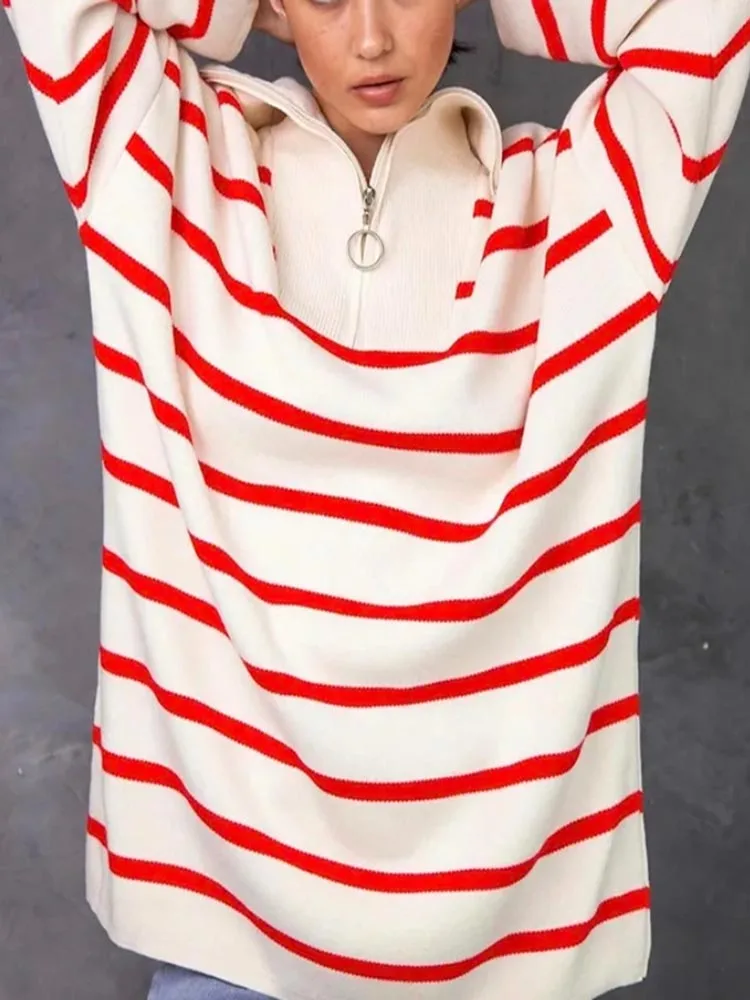 

Осенняя Женская водолазка на молнии с воротником поло полосатые свитера с отложным воротником корейский Свободный Классический пуловер Женская трикотажная одежда