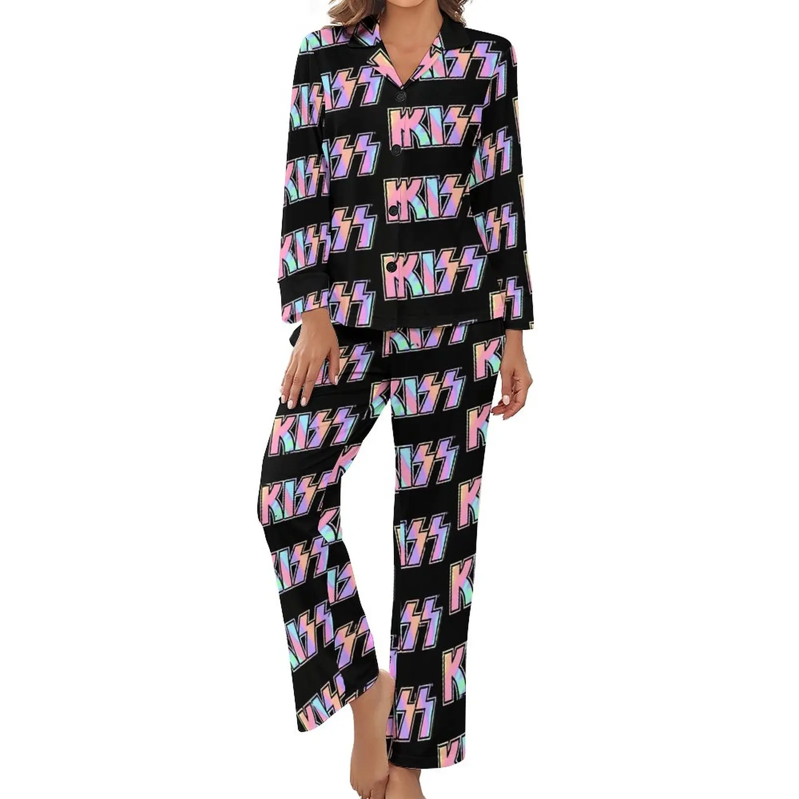 

Пижама с логотипом группы Kiss, Симпатичные пижамные комплекты с длинным рукавом и галстуком-бабочкой, домашняя повседневная одежда для сна с принтом, подарок, 2 предмета
