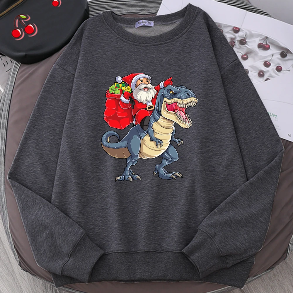 

Santa Riding Dinosaur T Rex Christmas Gifts Womens Long Sleeves Oversized Vintage Fashion Sweatshirt Fleece Soft Woman Clothing