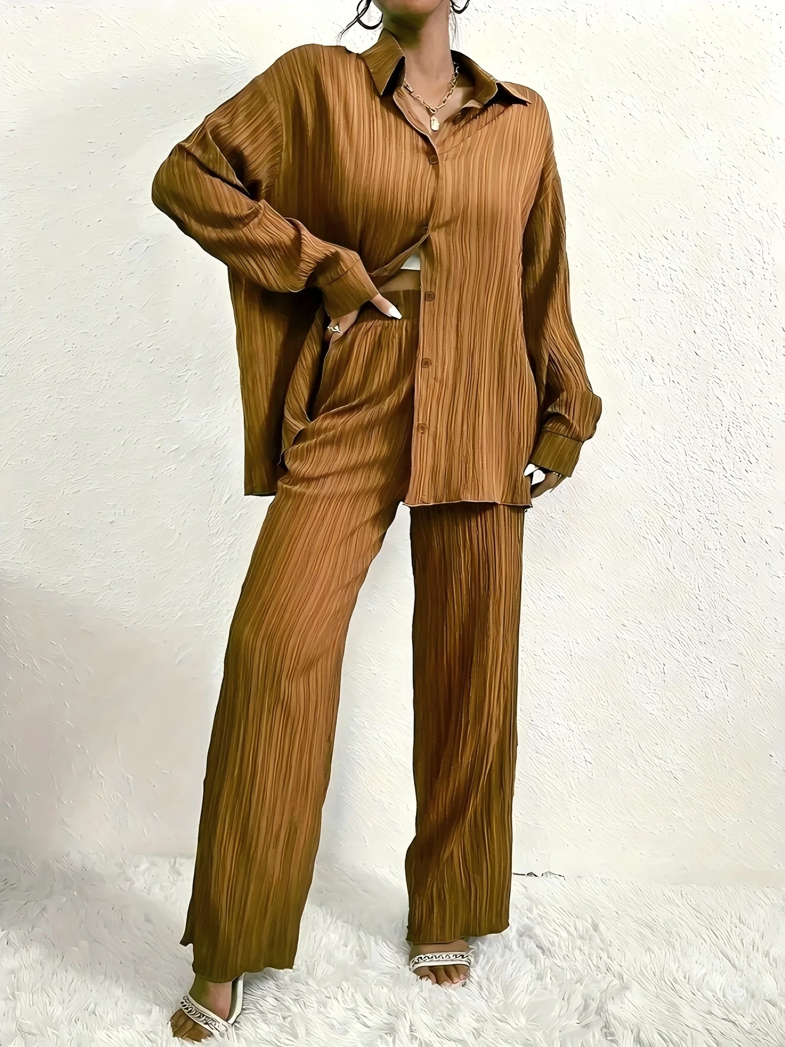 Yaxilan Повседневная женская рубашка с длинным рукавом и широкий брючный костюм —