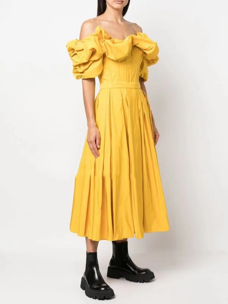 

Design Retro Sexy Leaky Shoulder Smock Irregular Tube Top High Waist Dress Ladies Summer New Fashion Loose Swing Puff Skirt
