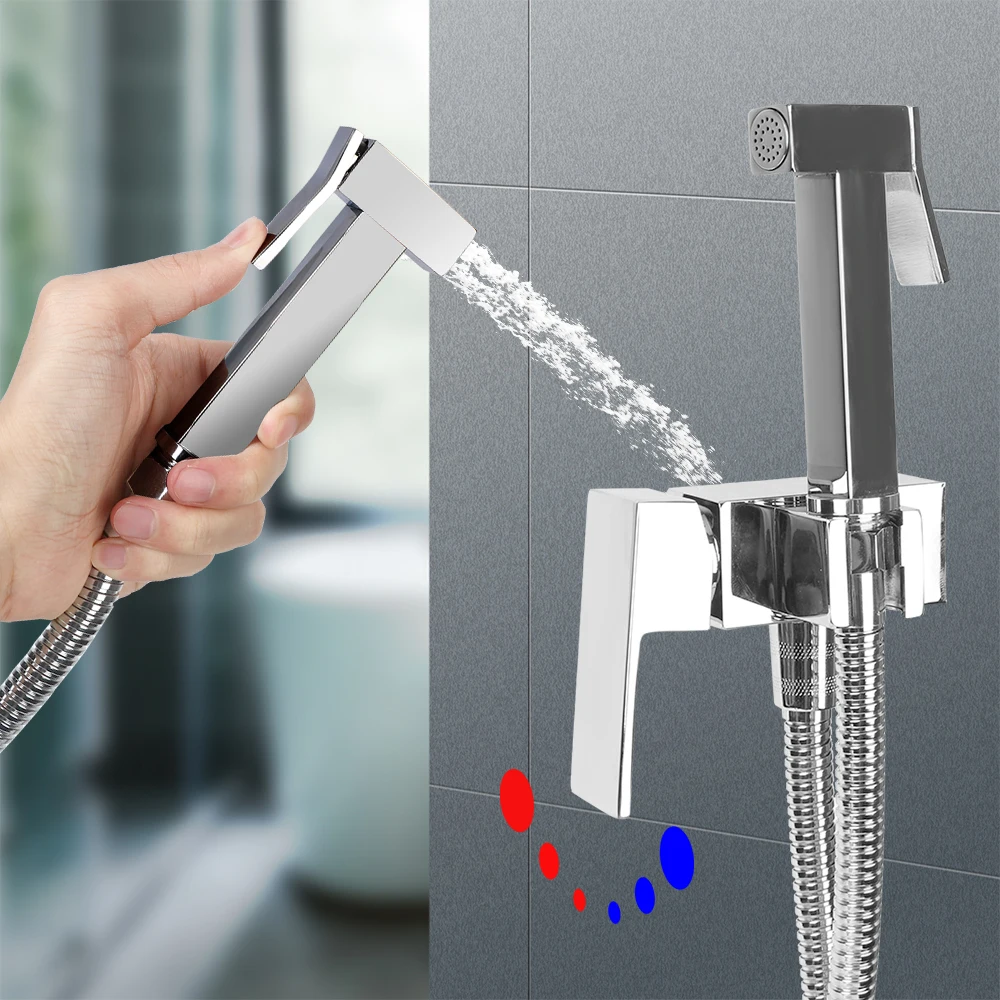 

Handheld Brass Shower Tap Wall Mounted Bathroom Cold Hot Water Mixer Bidet Faucet Set Crane Square Sprayer Gun Douche Kit