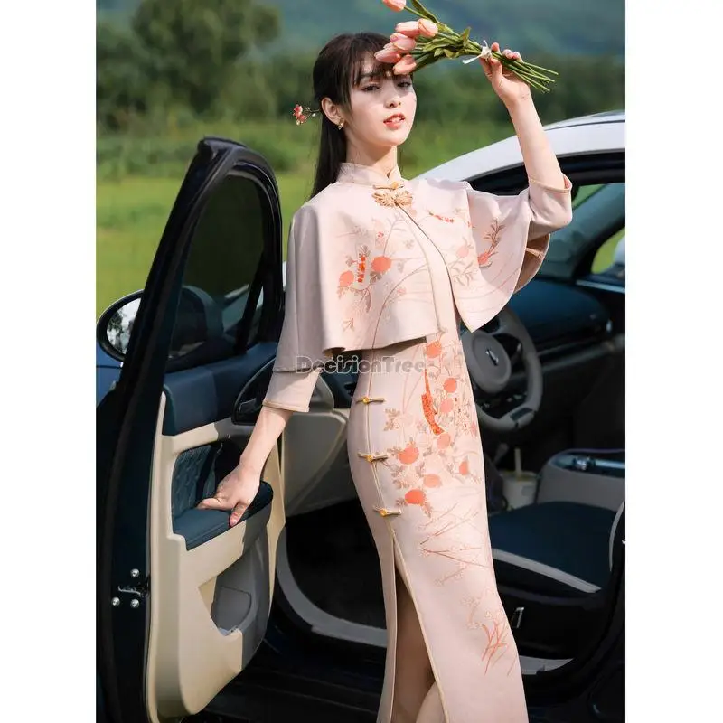 

2022 flower printed suit cheongsam girl new chinese style retro pipao dress with cape long elegant style daily split dress g553