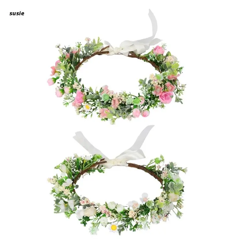 

X7YA Luxury Flower Crowns with Adjustable Ribbon Wedding Hair Decor Thin-brimmed