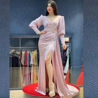 stylish pink evening dresses mermaid deep v neck puffy full sleeve vestido gown beads appliques pleat crystal robe de soiree