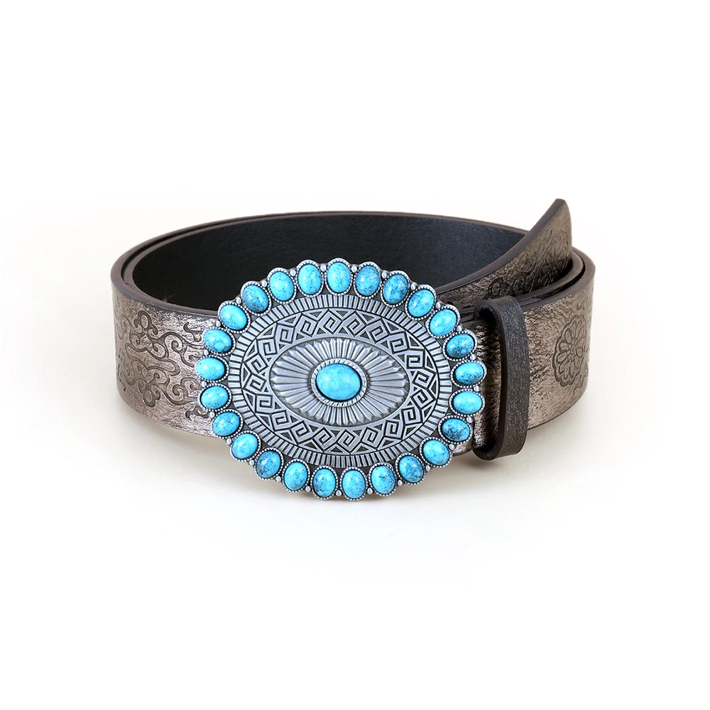 Fashion Geometric Embossed Buckle with Turquoises Cowboy Belt for Women