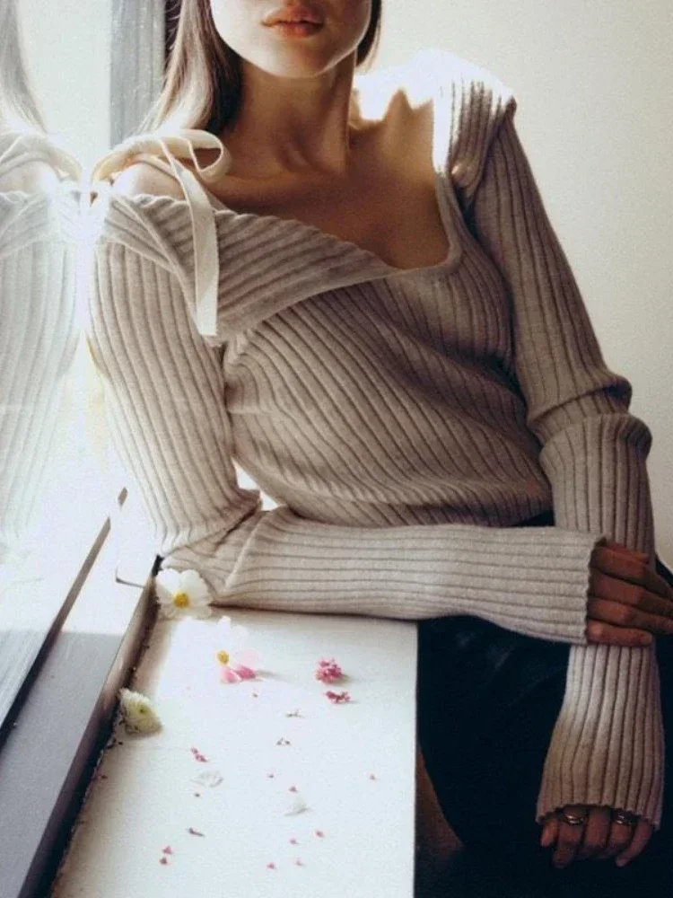 QWEEK Y2K вязаные пуловеры с открытыми плечами женский Американский винтажный