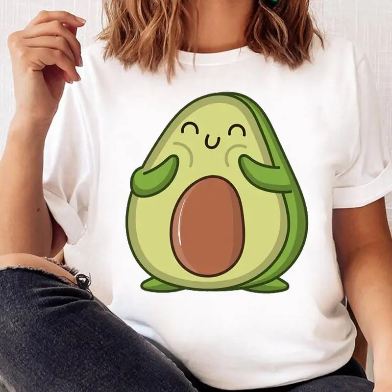 

Женская забавная Милая футболка с принтом авокадо и фруктов, футболка с графическим принтом, Женская мультяшная одежда, модный топ