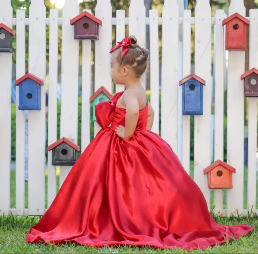 Red Satin Little Princess Birthday Party Gown Christmas Dress Size 1-16T First Communion