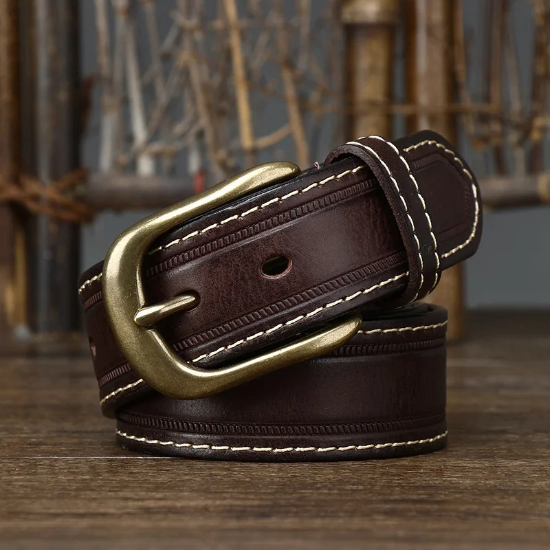 3.8CM Pure Cowhide High Quality Genuine Leather Belts for Men Brand Strap Male Brass Buckle Fancy Vintage Jeans Cowboy Cintos