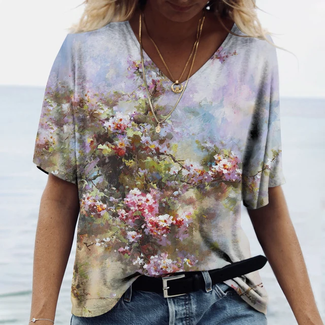 

2023 New T-shirt Photo 3D Printed Flowers Summer Women Street Apparel Women
