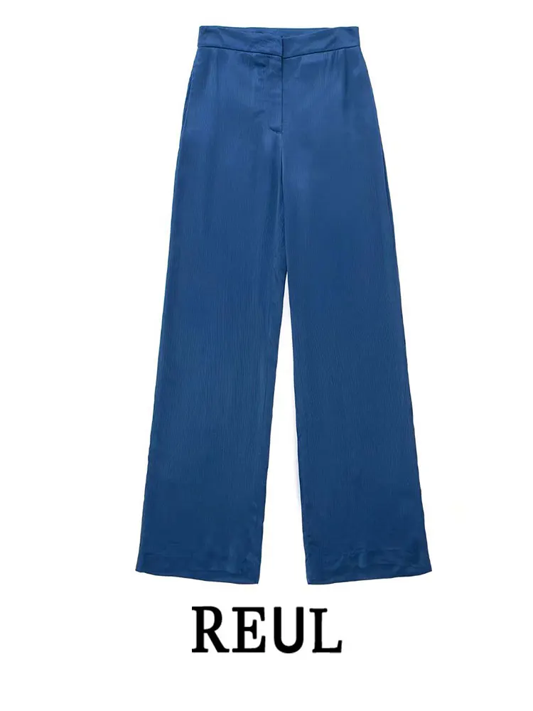 

REUL 2022 New Women Fashion Side Pockets Bright Silky Office Wear Pants Vintage High Waist Zipper Fly Female Trousers Mujer