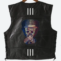 mens spring and autumn hot sale street hip hop punk badge pattern embroidered leather v neck sleeveless vest four seasons